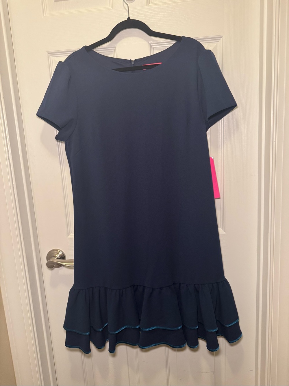 Betsey Johnson NWT Navy Ruffle Hem Shift Dress Size 16 Puff Sleeve - Picture 3 of 11